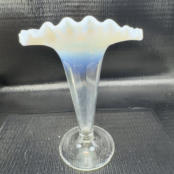 Antique Opalescent Glass Vase Vessel Clear White Ruffled Edges Glass Vase VTG - Picture 9 of 14